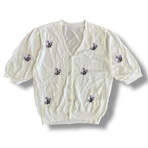 MIJOR White Floral Embroidered‎ Cardigan Women’s Medium Short Sleeve Cottagecore
